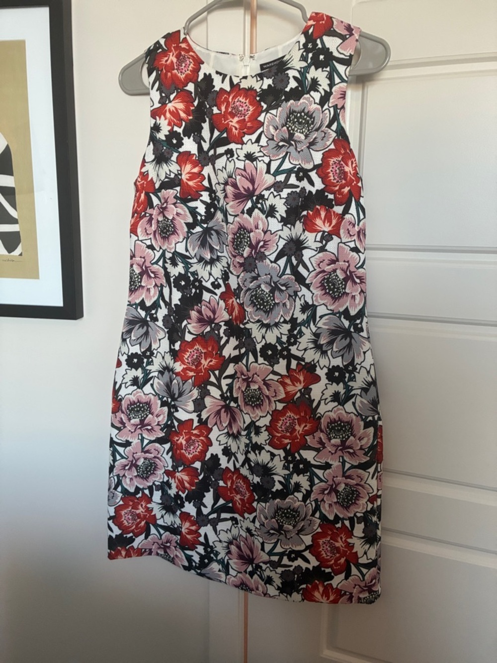 Warehouse Black Floral Shift Dress with Red & Pink Blooms